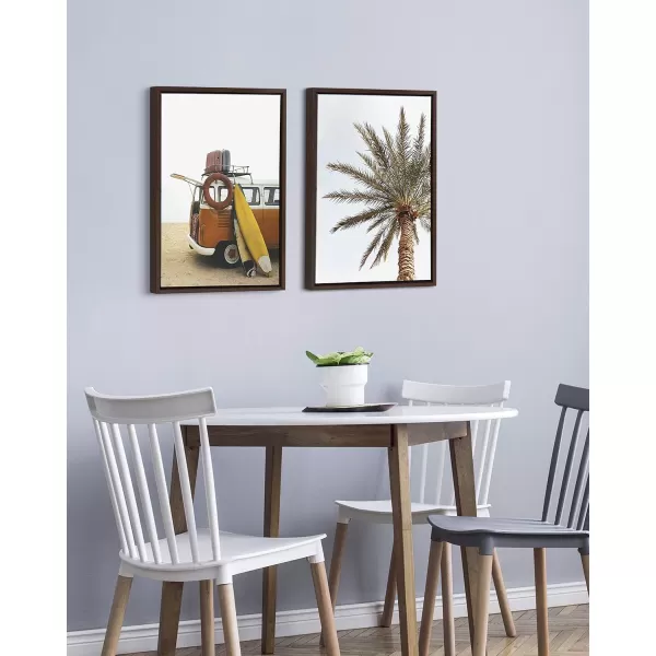 Kate and Laurel Sylvie Surfboard Beach Van and One Palm Tree in Paradise Framed Canvas Wall Art by The Creative Bunch Studio 2 Piece 18x24 Walnut Brown Tropical Art for WallBrown