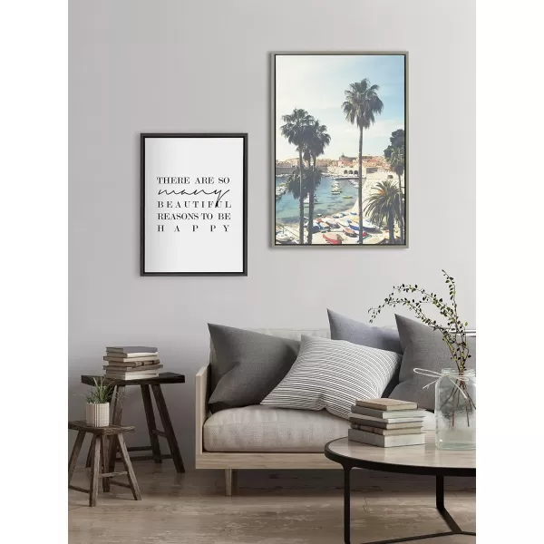 Kate and Laurel Sylvie The Palm Trees and The Boat Framed Canvas Wall Art by Laura Evans 23x33 Gray Coastal European Art for Wall