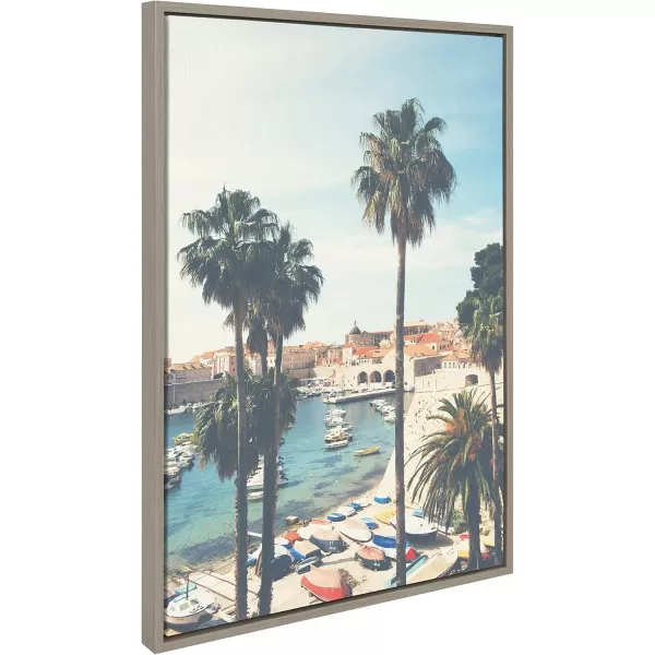 Kate and Laurel Sylvie The Palm Trees and The Boat Framed Canvas Wall Art by Laura Evans 23x33 Gray Coastal European Art for Wall