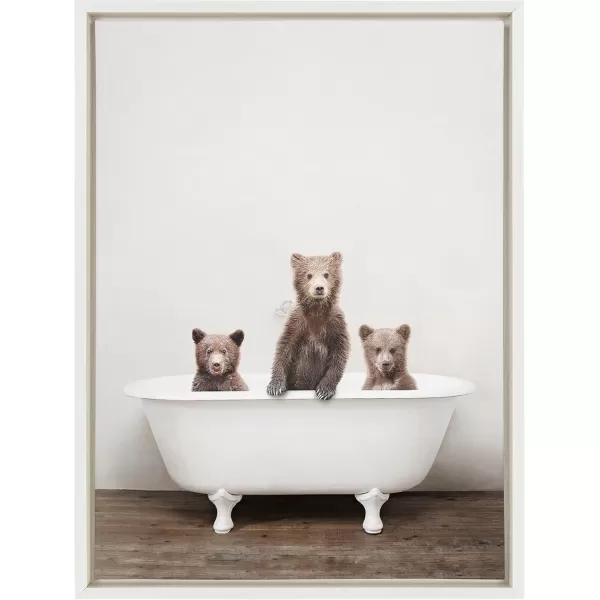 Kate and Laurel Sylvie Three Little Bears in Vintage Bathtub Framed Canvas Wall Art by Amy Peterson 18x24 Natural Adorable Animal Art for WallWhite