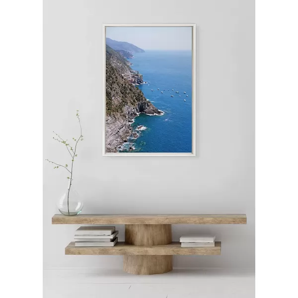 Kate and Laurel Sylvie Towns of Cinque Terre Framed Canvas Wall Art by Rachel Bolgov 23x33 White Scenic Coastal Ocean View Art for Wall