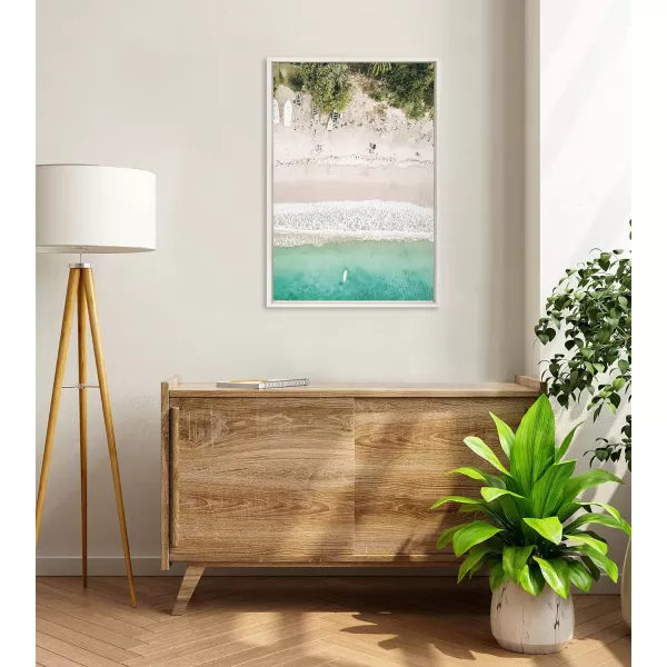 Kate and Laurel Sylvie Tropical Beach from Above Framed Canvas Wall Art by Amy Peterson Art Studio 23 x 33 White Beautiful Coastal Beach Home DcorWhite