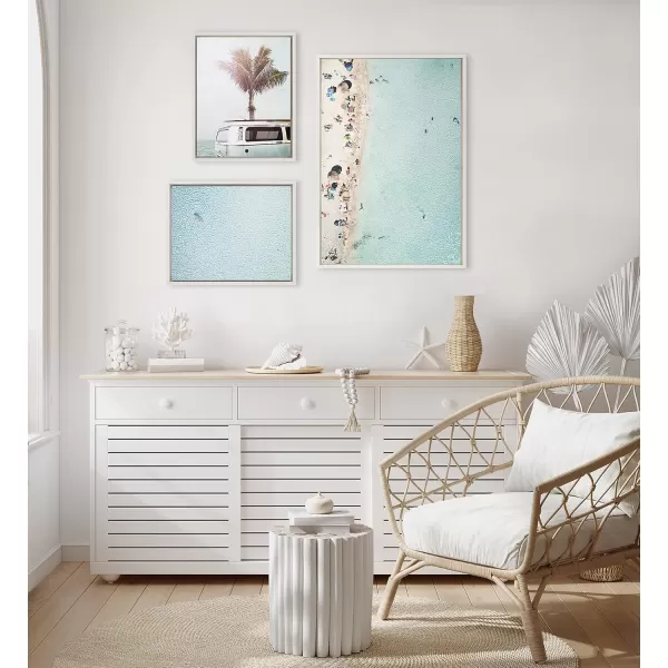 Kate and Laurel Sylvie Turquoise Beach from Above 2 Blue Beach Van and Woman Floating Framed Canvas Wall Art Set by Amy Peterson Art Studio 3 Piece Set 23x33 and 16x20 White Coastal Wall Dcor