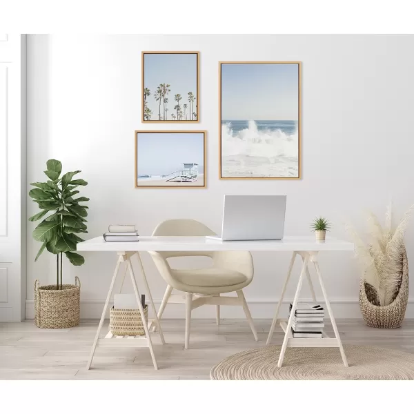 Kate and Laurel Sylvie Waves Crashing Palm Tree Paradise and Pale Blue Lifeguard Tower Framed Canvas Wall Art Set by Caroline Mint 3 Piece Set Natural Coastal Beach Art Set for Wall