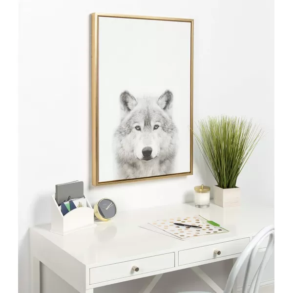 Kate and Laurel Sylvie Wolf Animal Print Black and White Portrait Framed Canvas Wall Art by Simon Te Tai 23x33 GoldGold