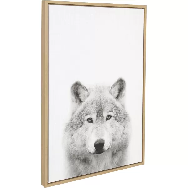 Kate and Laurel Sylvie Wolf Animal Print Black and White Portrait Framed Canvas Wall Art by Simon Te Tai 23x33 GoldNatural