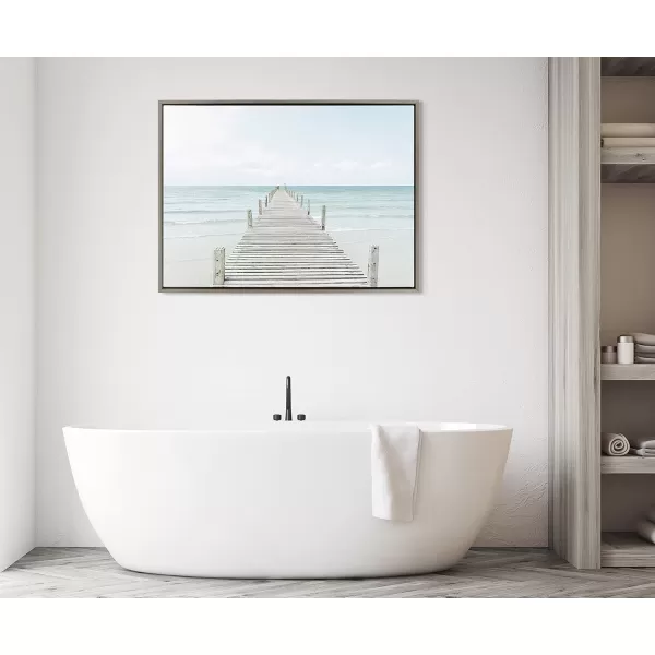 Kate and Laurel Sylvie Wooden Pier on the Beach Framed Canvas Wall Art by Amy Peterson Art Studio 28x38 Gray Decorative Coastal Art Print for WallGray