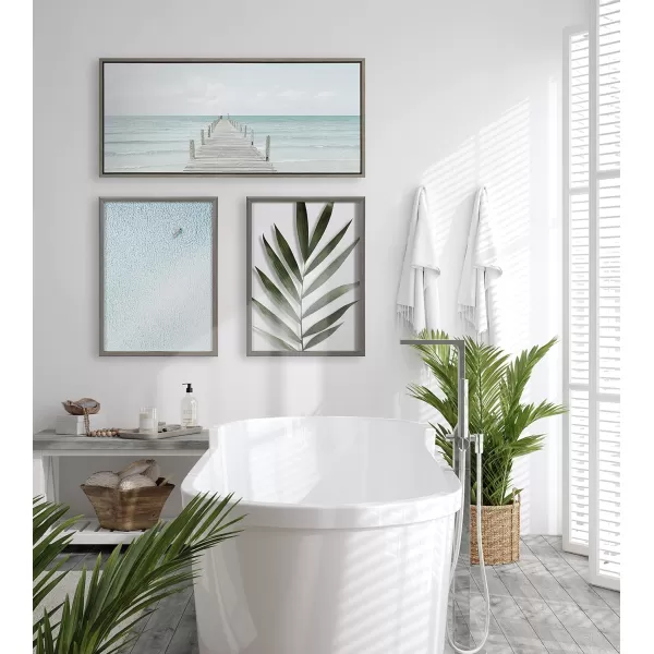 Kate and Laurel Sylvie Wooden Pier on the Beach Framed Canvas Wall Art by Amy Peterson Art Studio 28x38 Gray Decorative Coastal Art Print for WallGray