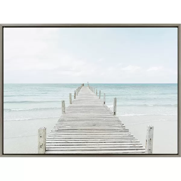 Kate and Laurel Sylvie Wooden Pier on the Beach Framed Canvas Wall Art by Amy Peterson Art Studio 28x38 Gray Decorative Coastal Art Print for WallGray