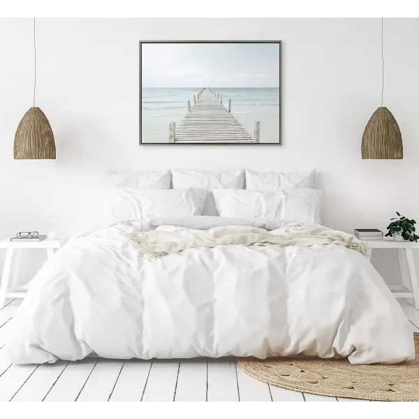 Kate and Laurel Sylvie Wooden Pier on the Beach Framed Canvas Wall Art by Amy Peterson Art Studio 28x38 Gray Decorative Coastal Art Print for WallGray
