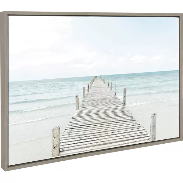 Kate and Laurel Sylvie Wooden Pier on the Beach Framed Canvas Wall Art by Amy Peterson Art Studio 28x38 Gray Decorative Coastal Art Print for WallGrey
