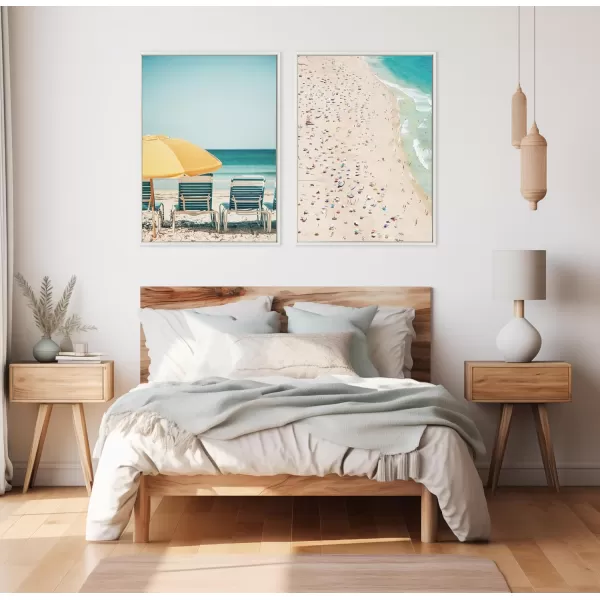 Kate and Laurel Sylvie Yellow Umbrella 2 Framed Canvas Wall Art by Alicia Bock 28x38 White Coastal Beach Chairs Photography Art for WallWhite