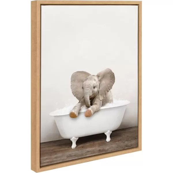 Kate and Laurel Sylvie Baby Elephant No 6 in Rustic Bath Framed Canvas Wall Art by Amy Peterson Art Studio 18x24 Gray Modern Fun Decorative Bathtub Wall Art for Home DcorNatural