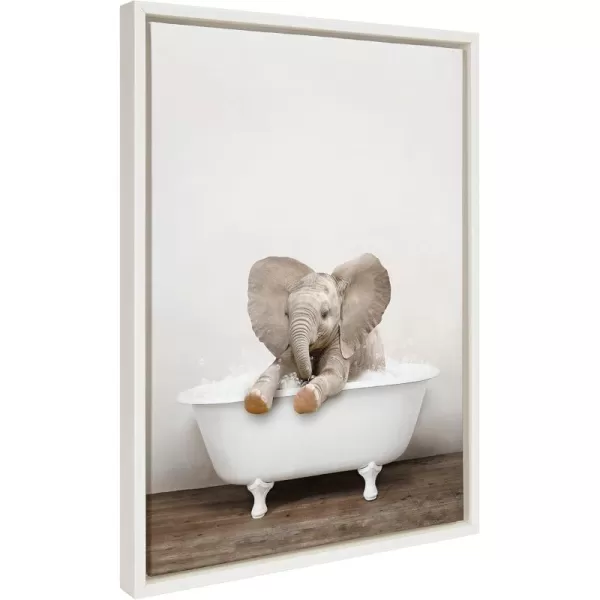 Kate and Laurel Sylvie Baby Elephant No 6 in Rustic Bath Framed Canvas Wall Art by Amy Peterson Art Studio 18x24 Gray Modern Fun Decorative Bathtub Wall Art for Home DcorWhite