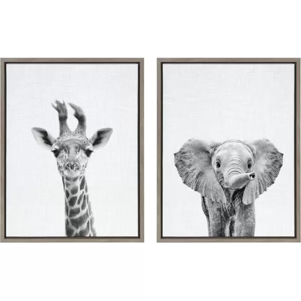 Kate and Laurel Sylvie Baby Giraffe and Baby Elephant Framed Canvas Wall Art by Simon Te of Tai Prints Set of 2 18x24 Gray Adorable Safari Animal ArtGrey