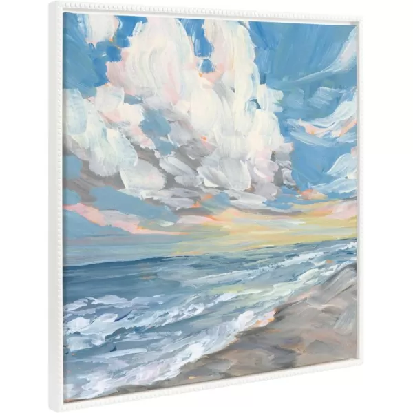 Kate and Laurel Sylvie Beaded Fort Myers Beach Vintage Framed Canvas Wall Art by Emily Kenney 30x30 White Bright Ocean Landscape Art for Wall