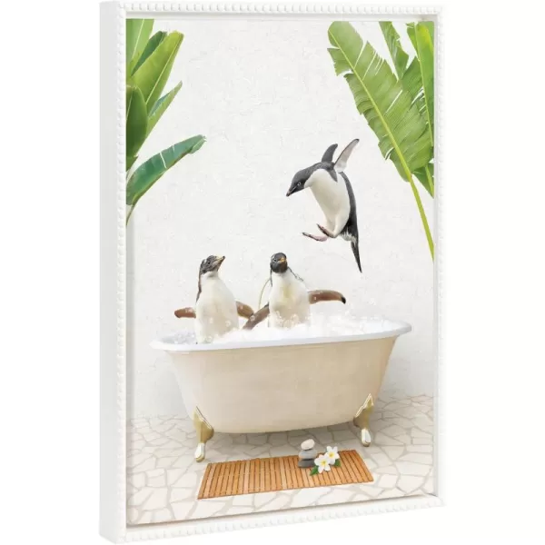 Kate and Laurel Sylvie Beaded Penguins Bali Bath Vintage Framed Canvas Wall Art by Amy Peterson 18x24 White Modern Cute Animal Bathtub Art for Wall