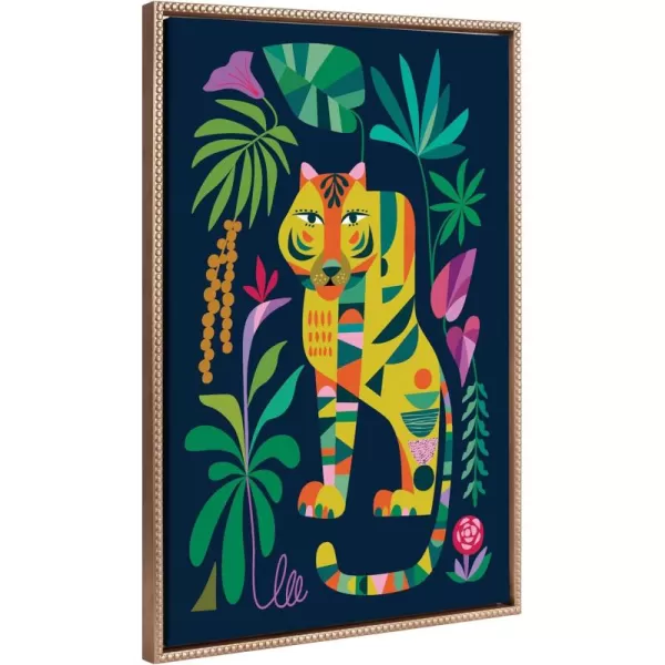 Kate and Laurel Sylvie Beaded Tiger in the Forest Vintage Framed Canvas Wall Art by Rachel Lee 23x33 Gold MidCentury Colorful Animal Art for Wall