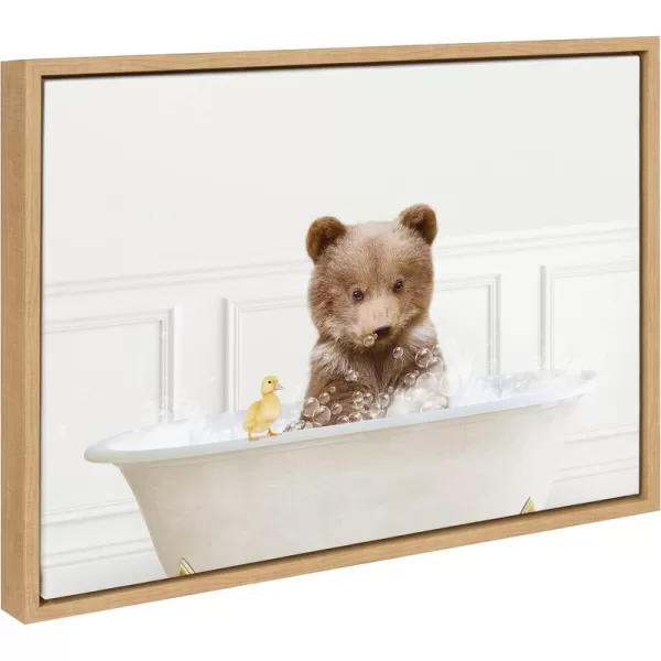 Kate and Laurel Sylvie Bear Cub In Bubble Bath Neutral Style Framed Canvas Wall Art by Amy Peterson Art Studio 18x24 Natural Adorable Animal Art for BathroomNatural