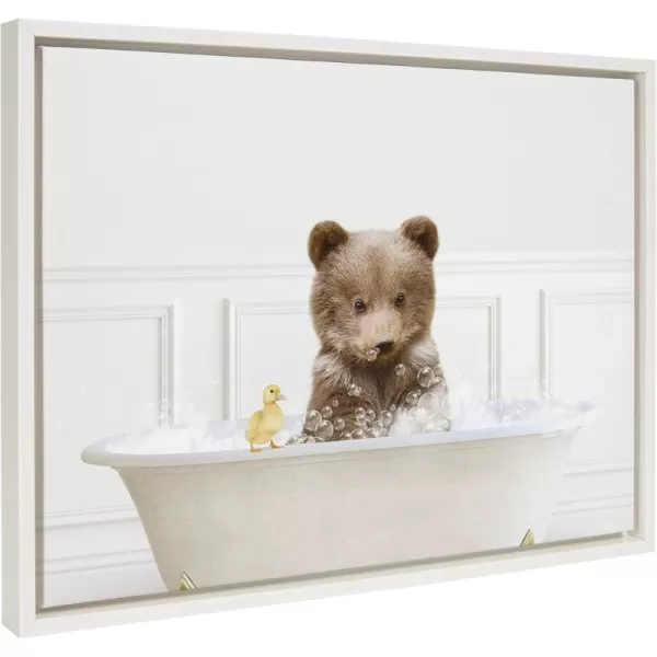 Kate and Laurel Sylvie Bear Cub In Bubble Bath Neutral Style Framed Canvas Wall Art by Amy Peterson Art Studio 18x24 Natural Adorable Animal Art for BathroomWhite