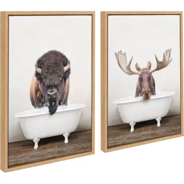 Kate and Laurel Sylvie Bison Rustic Bubble Bath and Moose Rustic Bubble Bath Framed Canvas Art Set by Amy Peterson Art Studio 2 Piece Set 18x24 Natural Bathroom Prairie Animal Wall Art Dcor Set