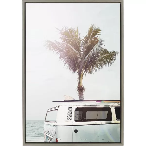 Kate and Laurel Sylvie Blue Beach Van Framed Canvas Wall Art by Amy Peterson Art Studio 18x24 White Soft Coastal Ocean Beach Art for WallGray