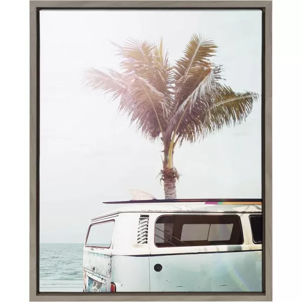 Kate and Laurel Sylvie Blue Beach Van Framed Canvas Wall Art by Amy Peterson Art Studio 18x24 White Soft Coastal Ocean Beach Art for WallGrey