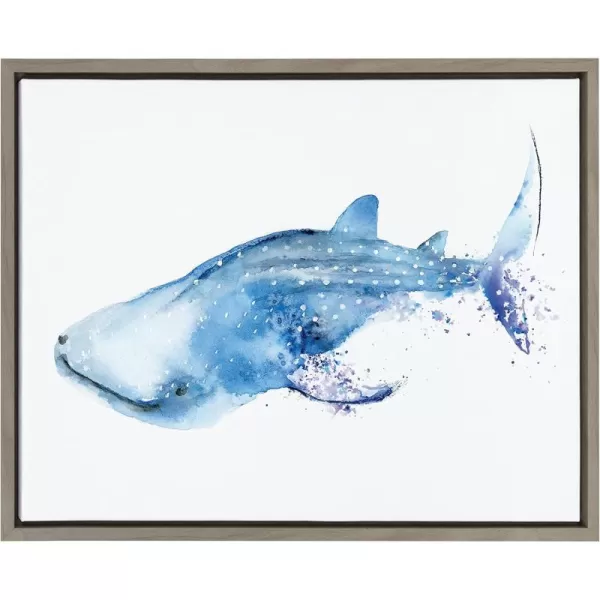 Kate and Laurel Sylvie Blue and White Swimming Whale Shark Framed Watercolor Print on Canvas by Cathy Zhang 18x24 Gray
