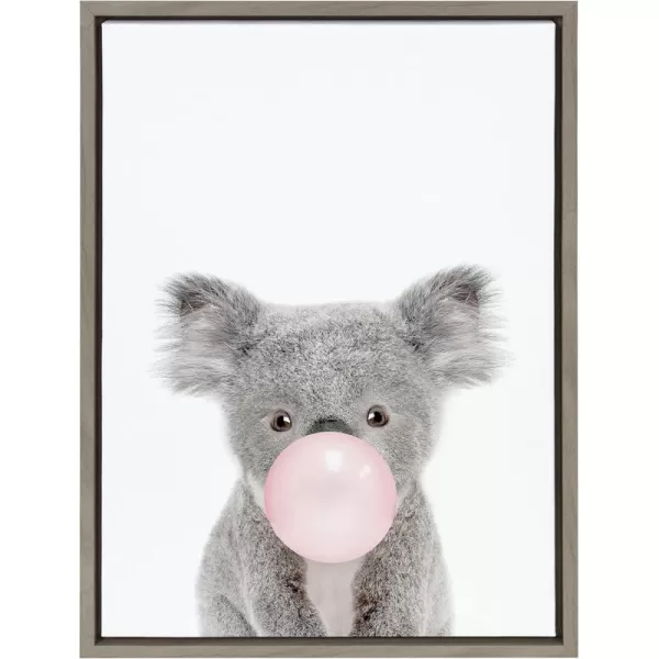 Kate and Laurel Sylvie Bubble Gum Koala Framed Canvas Wall Art by Amy Peterson Art Studio 18x24 Gray Whimsical Zoo Animal Art for WallGray