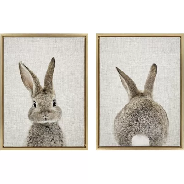 Kate and Laurel Sylvie Bunny Portrait on Linen and Bunny Tail on Linen Framed Canvas Wall Art by Amy Peterson Art Studio 2 Piece 18x24 Gold Decorative Animal Art for WallGold