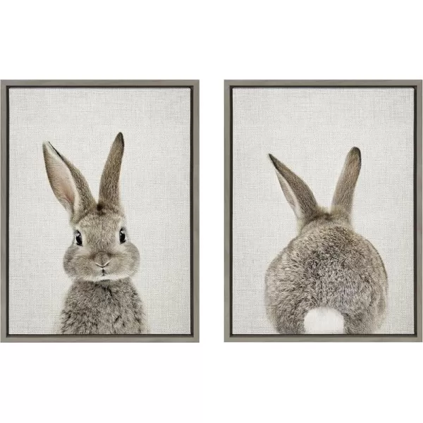 Kate and Laurel Sylvie Bunny Portrait on Linen and Bunny Tail on Linen Framed Canvas Wall Art by Amy Peterson Art Studio 2 Piece 18x24 Gold Decorative Animal Art for WallGray