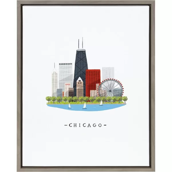 Kate and Laurel Sylvie Chicago Skyline Illustration Framed Canvas Wall Art by Maja Tomljanovic 18x24 Gray Bohemian Cityscape Wall Accent