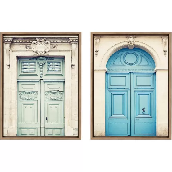 Kate and Laurel Sylvie Classic Parisian Door and Blue Paris Door Framed Canvas Wall Art Set by Caroline Mint 2 Piece 18x24 GoldGold