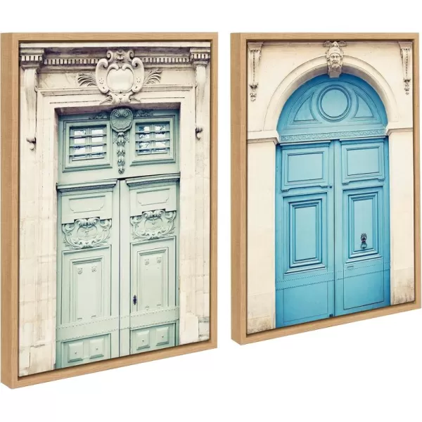 Kate and Laurel Sylvie Classic Parisian Door and Blue Paris Door Framed Canvas Wall Art Set by Caroline Mint 2 Piece 18x24 GoldNatural