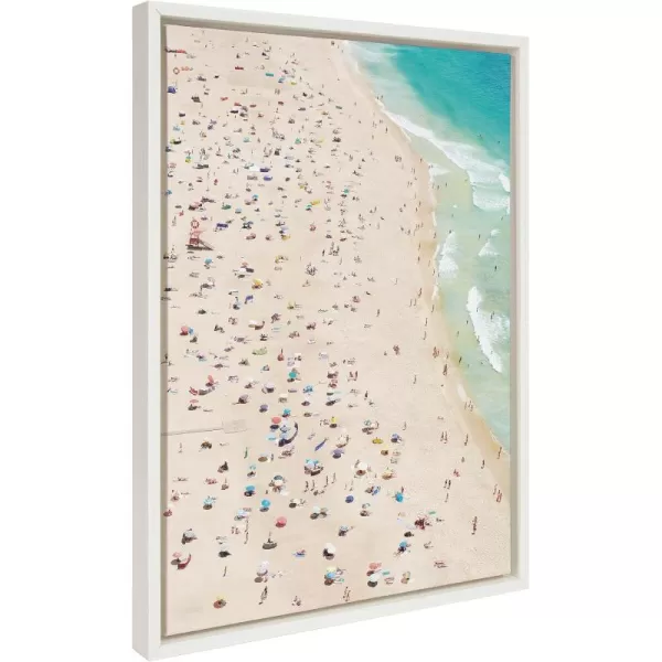 Kate and Laurel Sylvie Crowded Beach from Above Framed Canvas Wall Art by Amy Peterson Art Studio 23x33 White Coastal Beach Landscape Art for WallWhite