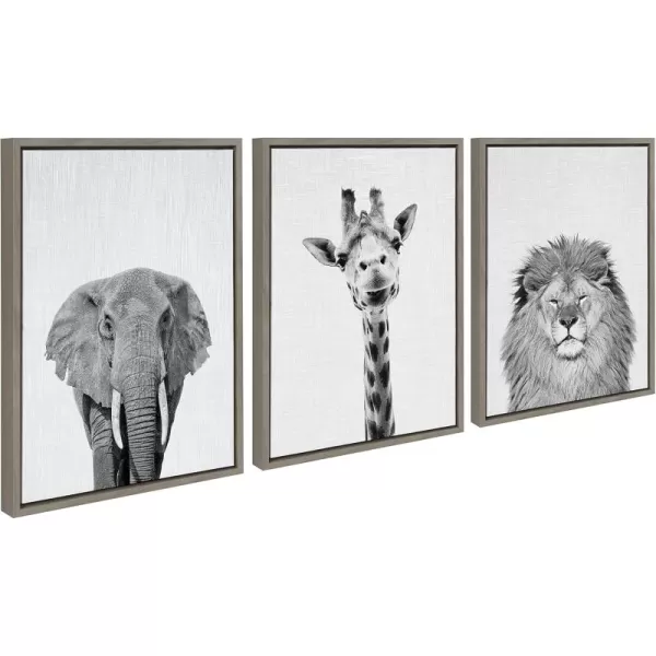 Kate and Laurel Sylvie Elephant Giraffe and Lion Framed Canvas Wall Art Set by Simon Te of Tai Prints 3 Piece Set 18x24 Natural Black and White Safari Animal Wall DcorGray