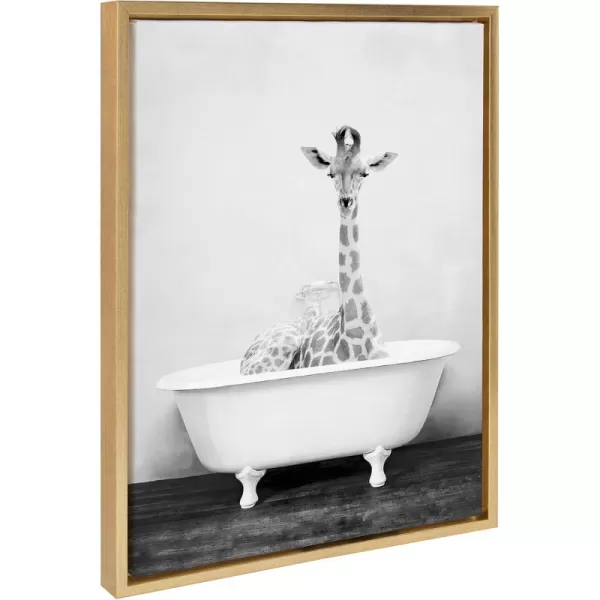 Kate and Laurel Sylvie Giraffe 2 in the Tub Framed Canvas Wall Art by Amy Peterson Art Studio 18x24 Gray Modern Fun Decorative Bathtub Wall Art for Home DcorGold