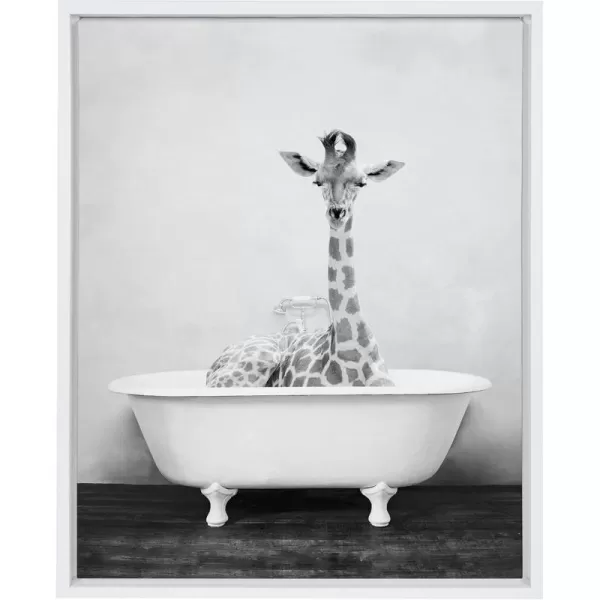 Kate and Laurel Sylvie Giraffe 2 in the Tub Framed Canvas Wall Art by Amy Peterson Art Studio 18x24 Gray Modern Fun Decorative Bathtub Wall Art for Home DcorWhite