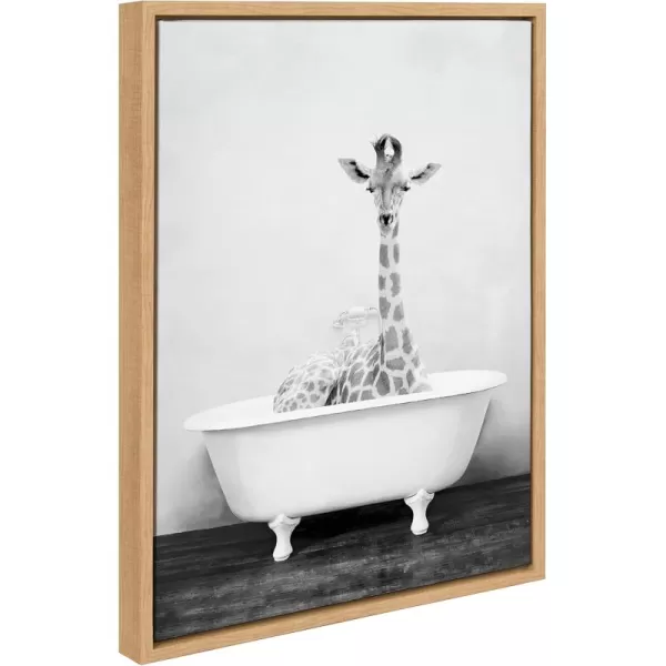 Kate and Laurel Sylvie Giraffe 2 in the Tub Framed Canvas Wall Art by Amy Peterson Art Studio 18x24 Gray Modern Fun Decorative Bathtub Wall Art for Home DcorNatural