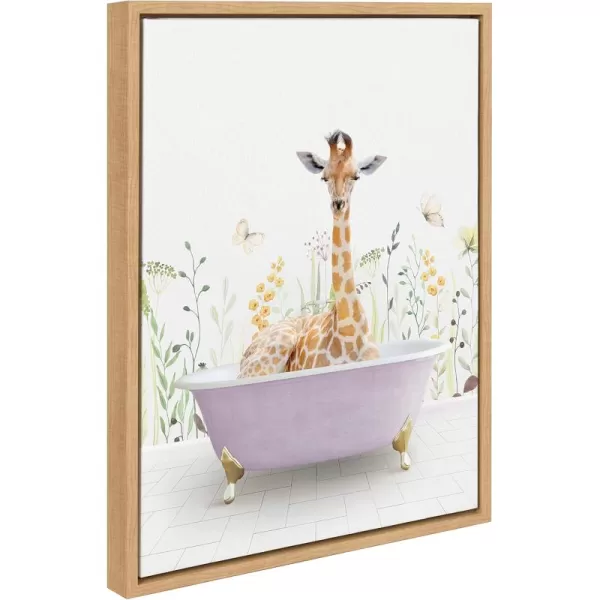 Kate and Laurel Sylvie Giraffe In Spring Bath Framed Canvas Wall Art by Amy Peterson Art Studio 18x24 Natural Whimsical Animal Art for WallNatural