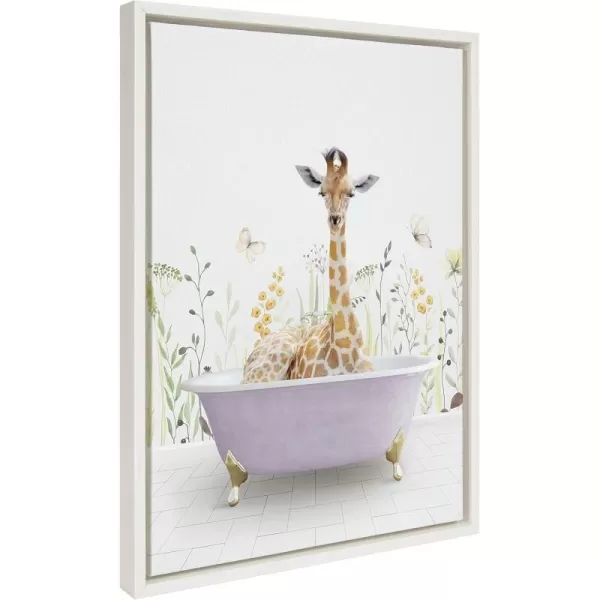 Kate and Laurel Sylvie Giraffe In Spring Bath Framed Canvas Wall Art by Amy Peterson Art Studio 18x24 Natural Whimsical Animal Art for WallWhite