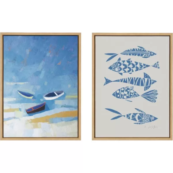 Kate and Laurel Sylvie Golden Dunes and Fishes Blue on Beige Framed Canvas Wall Art Set by Giuliana Lazzerini 2 Piece 18x24 Natural Coastal Boat and Fish Art for Wall
