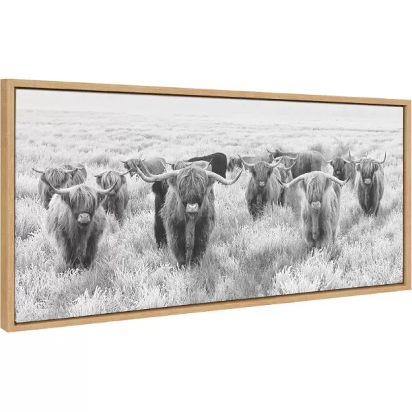 Kate and Laurel Sylvie Herd of Highland Cows Black and White Framed Canvas Wall Art by The Creative Bunch Studio 18x40 Gray Decorative Farmhouse Animal Art for WallNatural