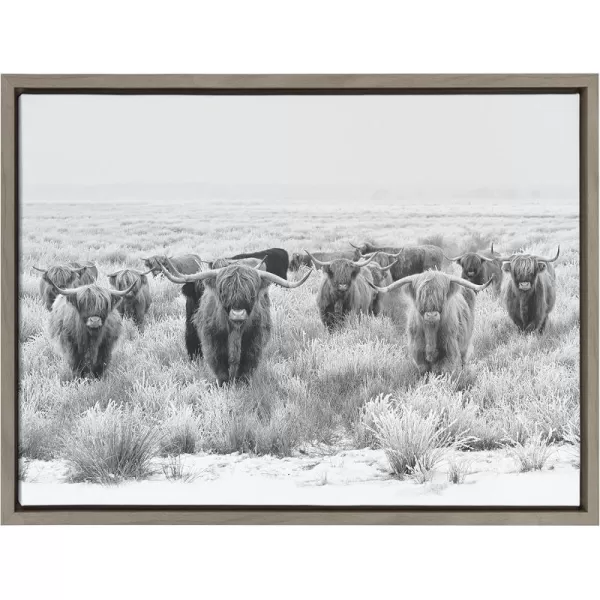 Kate and Laurel Sylvie Herd of Highland Cows Black and White Framed Canvas Wall Art by The Creative Bunch Studio 18x40 Gray Decorative Farmhouse Animal Art for WallGray