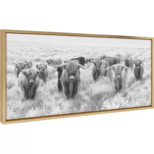 Kate and Laurel Sylvie Herd of Highland Cows Black and White Framed Canvas Wall Art by The Creative Bunch Studio 18x40 Gray Decorative Farmhouse Animal Art for WallGold