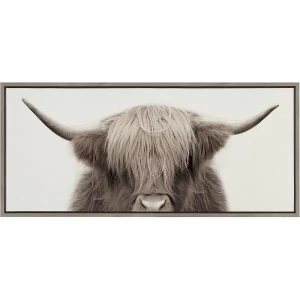 Kate and Laurel Sylvie Hey Dude Highland Cow Color Framed Linen Textured Canvas Wall Art by The Creative Bunch Studio 18x40 Panel Gray Decorative Cow Art for WallGray