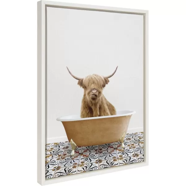 Kate and Laurel Sylvie Highland Cow In Mediterranean Bath Framed Canvas Wall Art by Amy Peterson Art Studio 18x24 White Whimsical Animal Art for WallGold