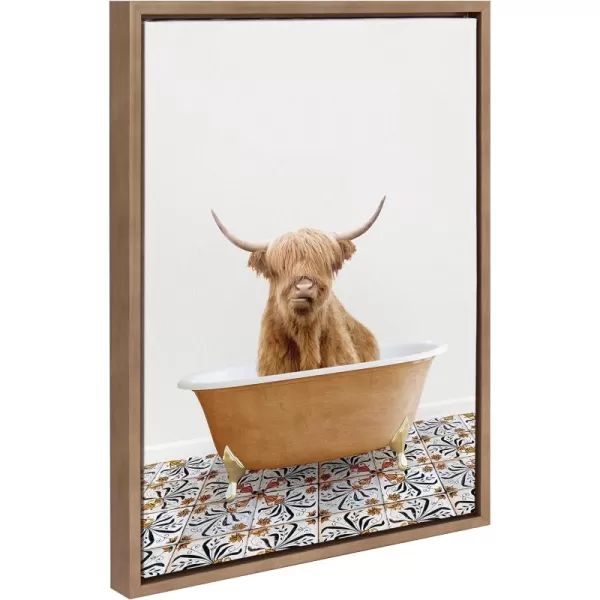 Kate and Laurel Sylvie Highland Cow In Mediterranean Bath Framed Canvas Wall Art by Amy Peterson Art Studio 18x24 White Whimsical Animal Art for WallWhite