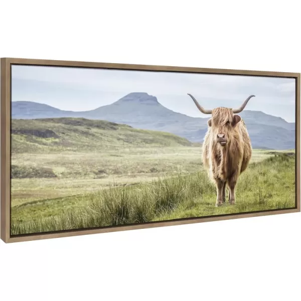 Kate and Laurel Sylvie Highland Cow Mountain Landscape Framed Canvas Wall Art by The Creative Bunch Studio 18x40 Natural Decorative Farmhouse Decor for WallGold