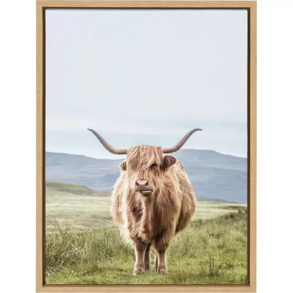 Kate and Laurel Sylvie Highland Cow Mountain Landscape Framed Canvas Wall Art by The Creative Bunch Studio 18x40 Natural Decorative Farmhouse Decor for WallNatural